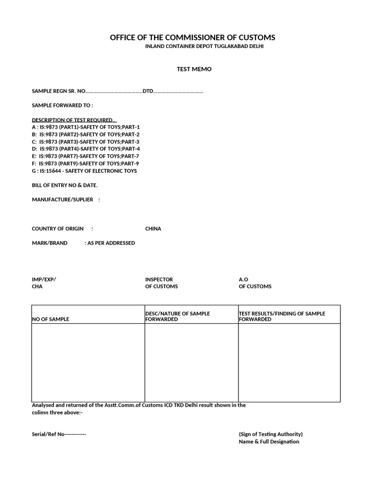 Toy Safety Test Memo From Customs Pdf