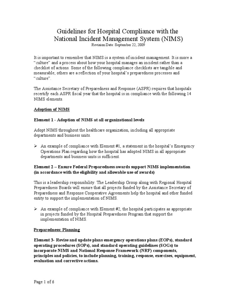 Hospital NIMS Compliance Guidelines | PDF | Incident Command System ...