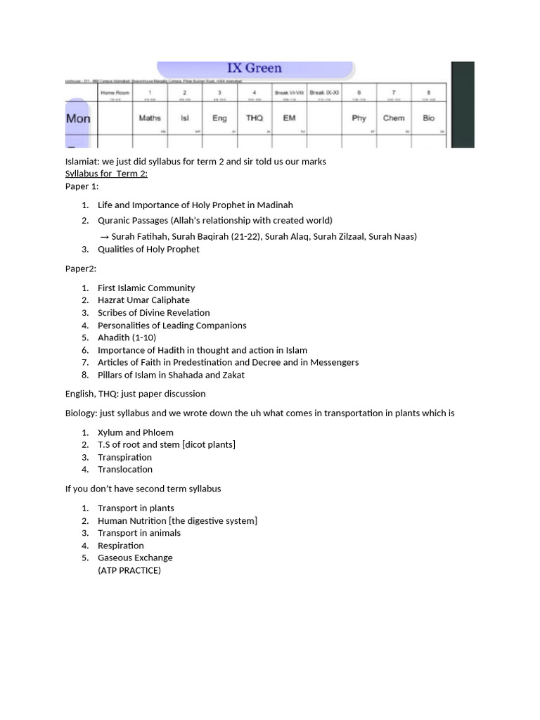 Term 2 Islamiat and Biology Syllabus | PDF