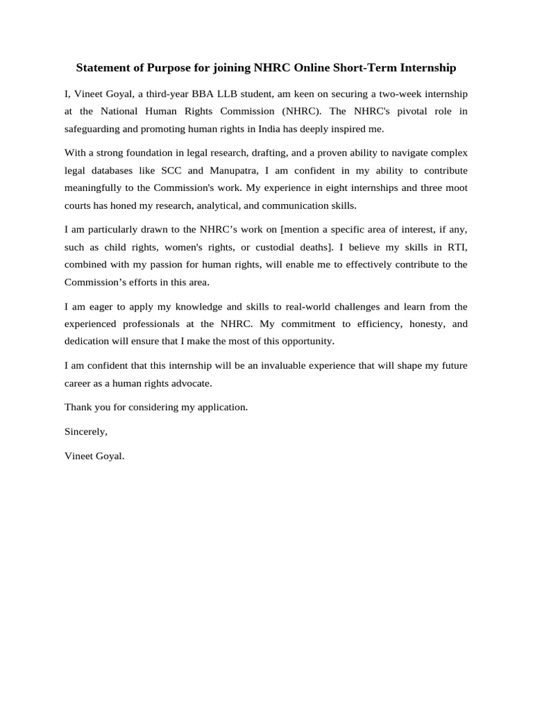 NHRC Internship Statement of Purpose | PDF