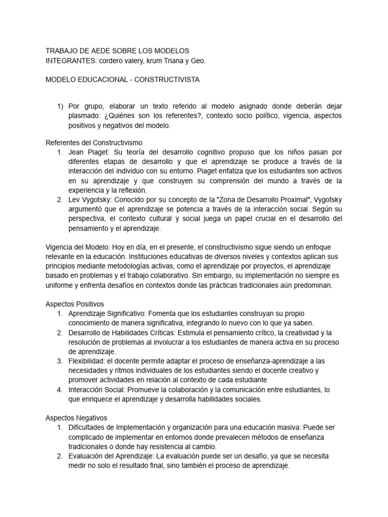 Modelo Educacional - Constructivista - A.E.D.E | PDF | Constructivismo ...