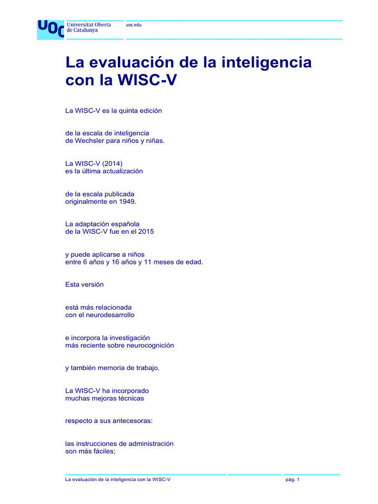Evaluación de la inteligencia WISC-V | PDF | Inteligencia | Cociente de ...