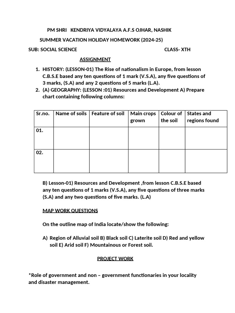 Summer Vacation HW and Project Work, Class X | PDF