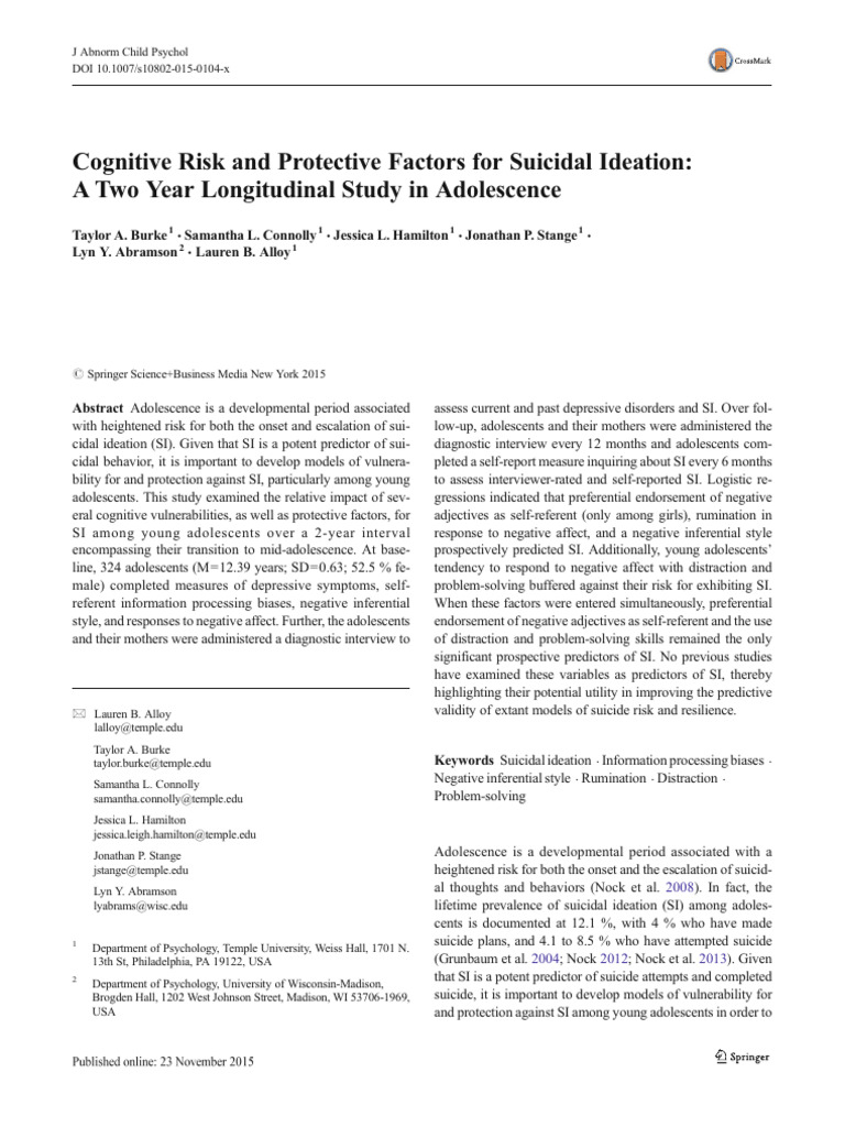 Cognitive Factors in Adolescent Suicide Risk | PDF | Adolescence ...