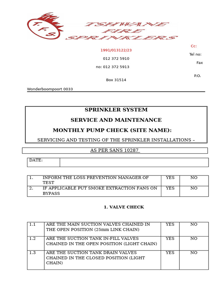 Sprinkler System Monthly Maintenance Checklist | PDF | Pump | Valve
