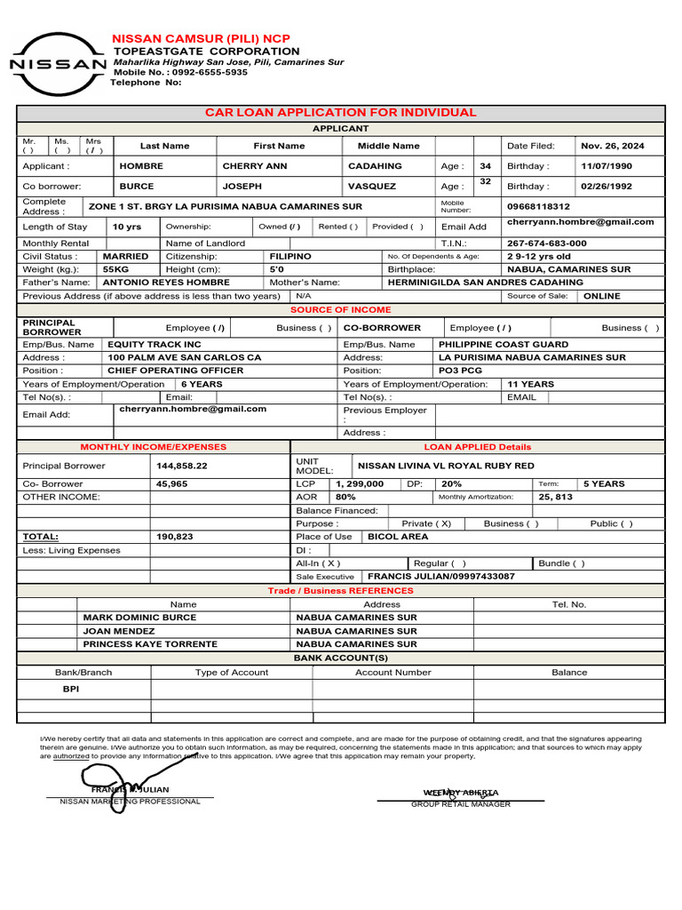 Car Loan Application Form | PDF | Financial Services | Personal Finance