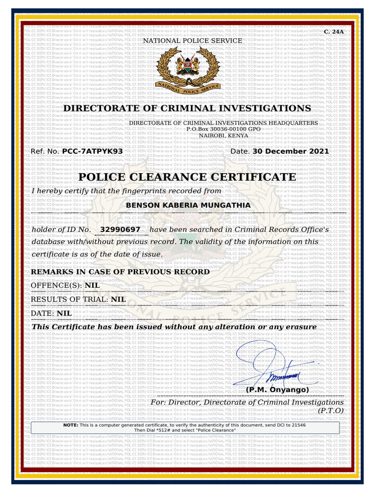 Pcc-7atpyk93-Police Clearance Certificate P0 | PDF