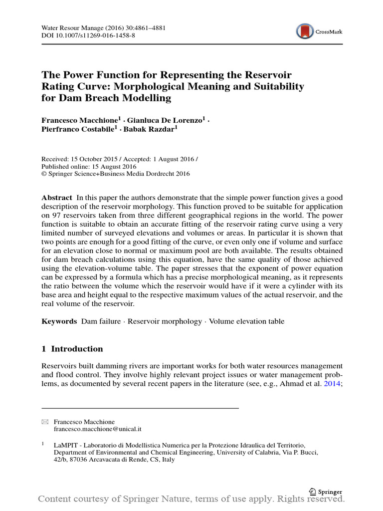 The Power Function For Representing The Reservoir | PDF | Discharge ...
