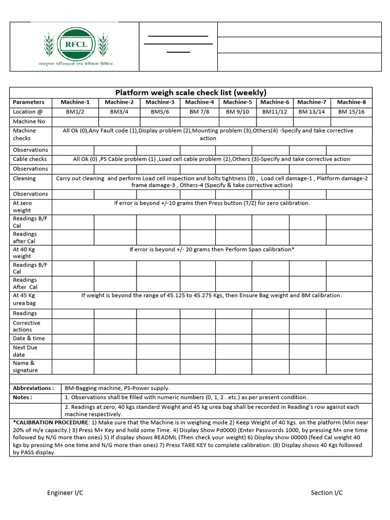 Weekly Platform Weigh Scale Checklist | PDF | Weight | Weighing Scale