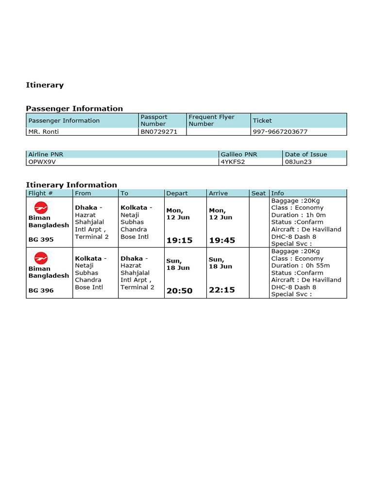 Flight Itinerary for Mr. Ronti | PDF