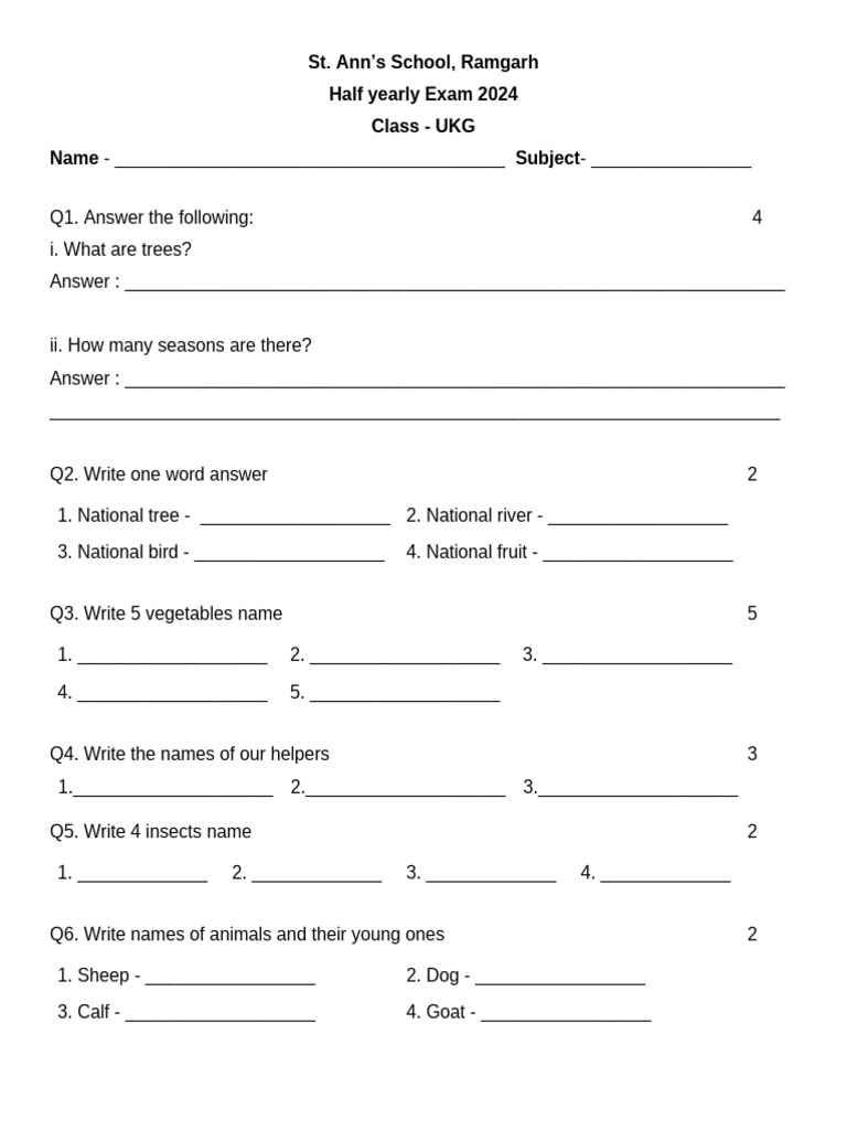 UKG Half-Yearly Exam 2024 - St. Ann's School | PDF | Organisms