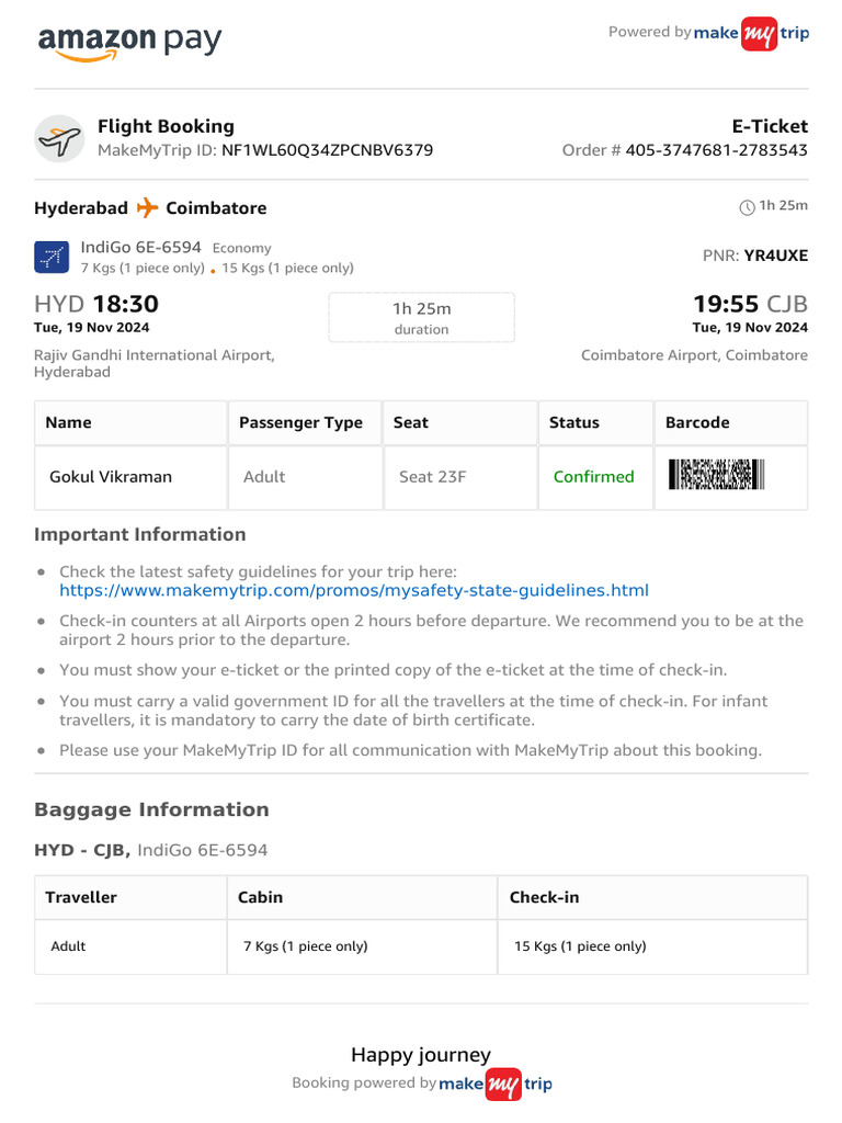 IndiGo Flight 6E-6594: HYD to CJB Details | PDF | Airlines | Transport