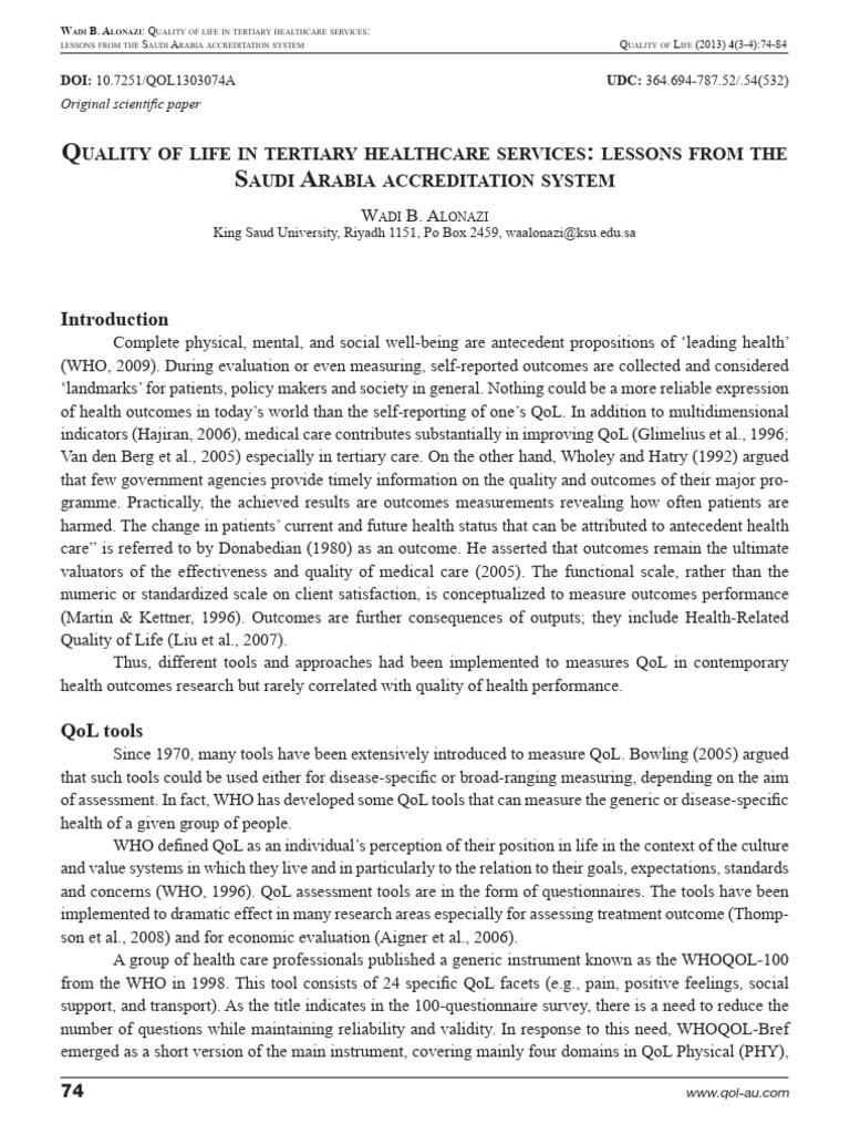 Quality of Life in Tertiary Healthcare Services Lessons From The | PDF ...
