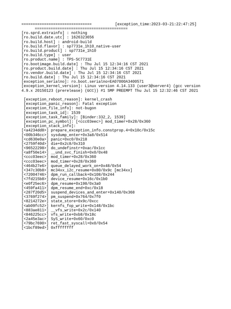 SP7731E_1H10 Kernel Crash Report | PDF