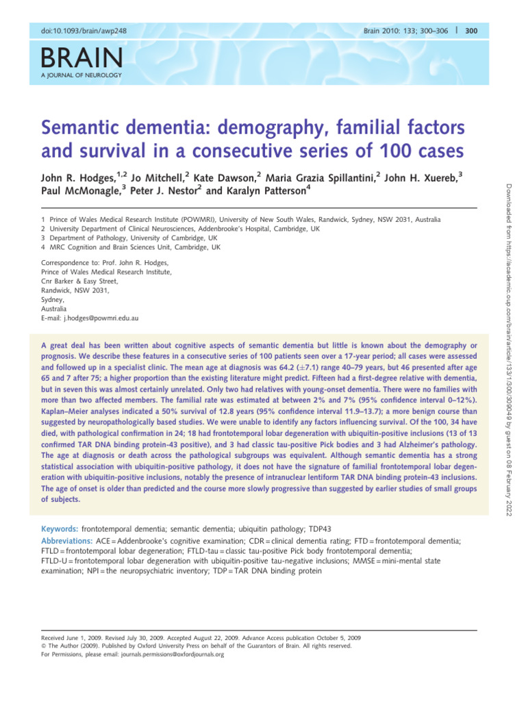 Epidemiology of Semantic Dementia | PDF | Dementia | Alzheimer's Disease