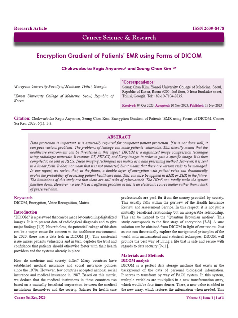 Encryption Gradient of Patients' EMR Using Forms of DICOM | PDF ...
