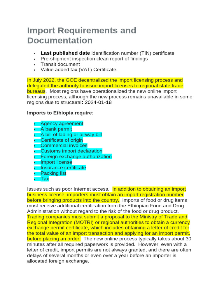 Ethiopia Import Requirements Guide | PDF | Customs | Value Added Tax