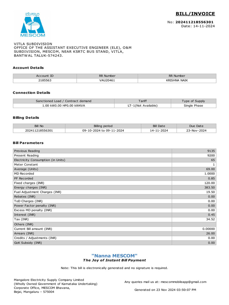 MESCOM Electricity Bill Details 2024 | PDF | Economies | Electrical ...