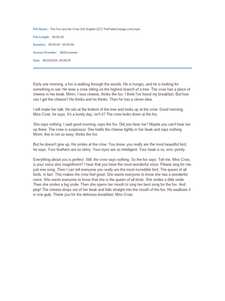 The Fox And The Crow Uk English ã â â Thefablecottage Com Mp4 Pdf