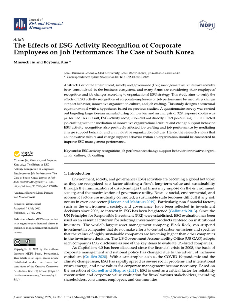 The Effects of ESG Activity Recognition of Corporate Employees On Job ...