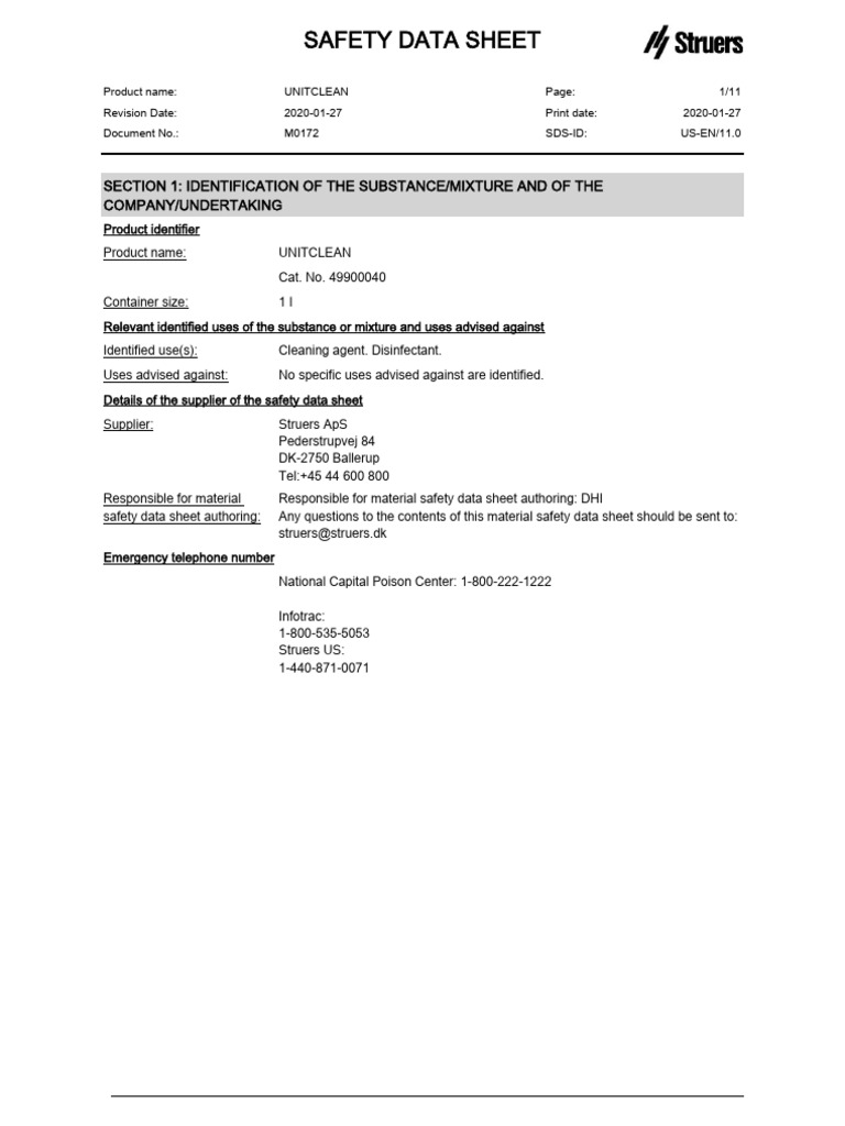 UNITCLEAN Safety Data Sheet | PDF | Toxicity | Firefighting