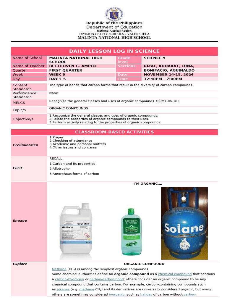 Science 9 Daily Lesson Log: Organic Compounds | PDF | Organic Compounds ...