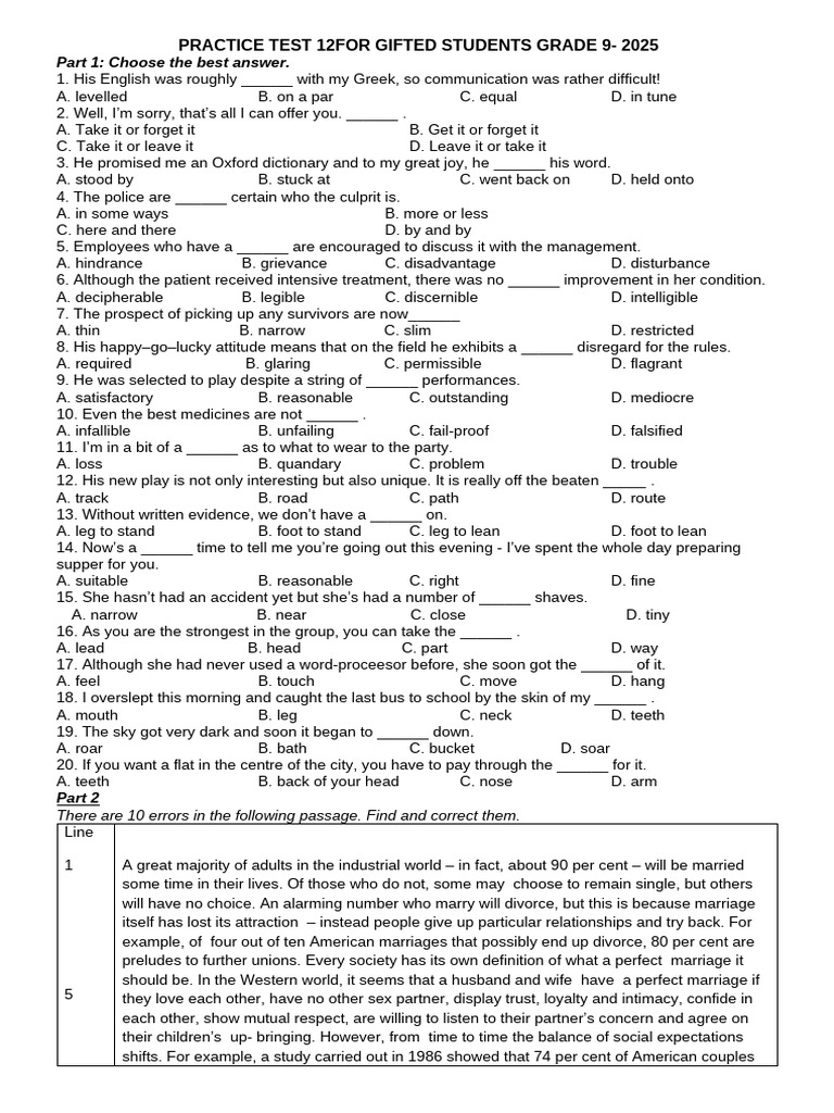 Practice Test 12 For Gifted Students Grade 9 | PDF | Experiment | Soil