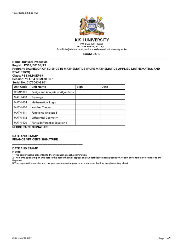 Kisii University Exam Card for BSc Mathematics | PDF