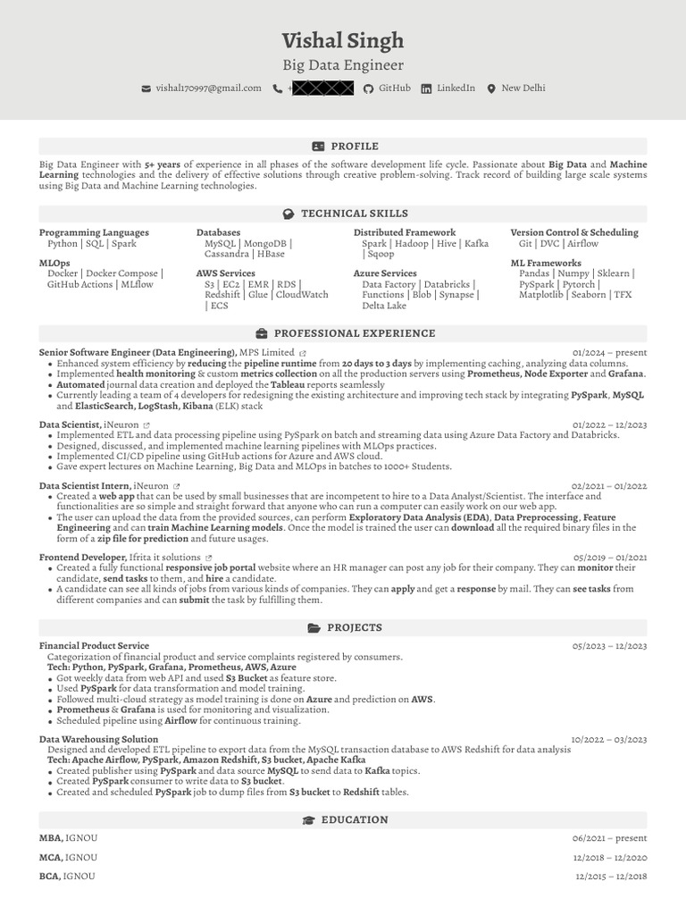 Vishal Singh Resume | PDF | Apache Spark | Amazon Web Services