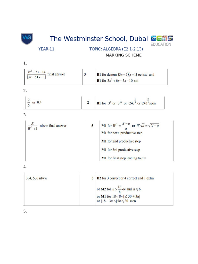 E2.1-2.13 - Algebra - Marking Scheme | PDF
