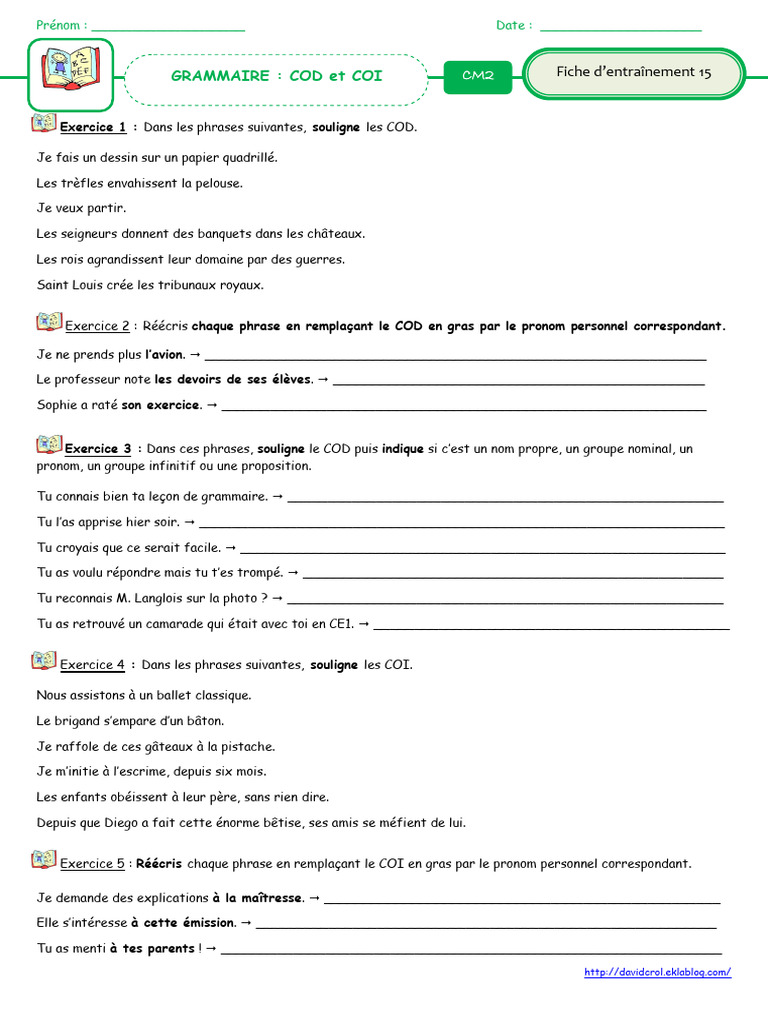 Exercices COD et COI pour CM2 | PDF | Complément d'objet | Pronom