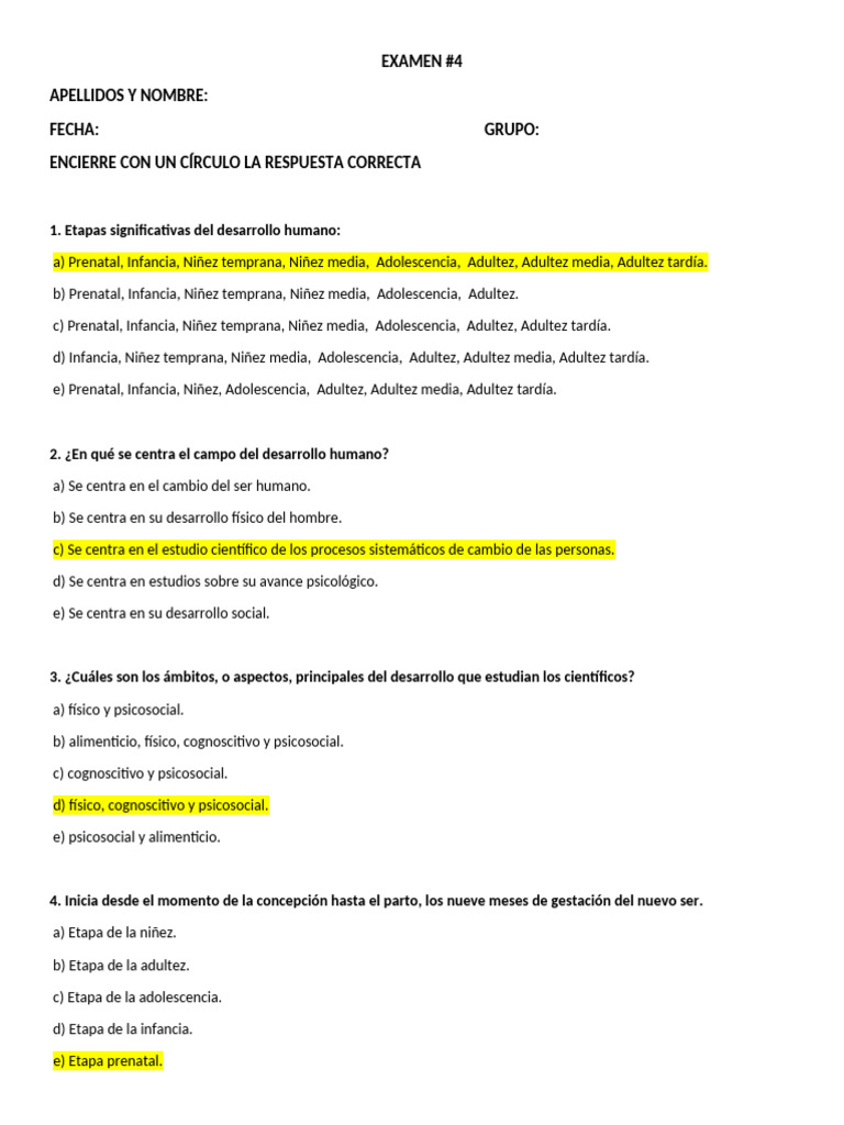 Examen de Desarrollo Humano | PDF | Adultos | Pensamiento