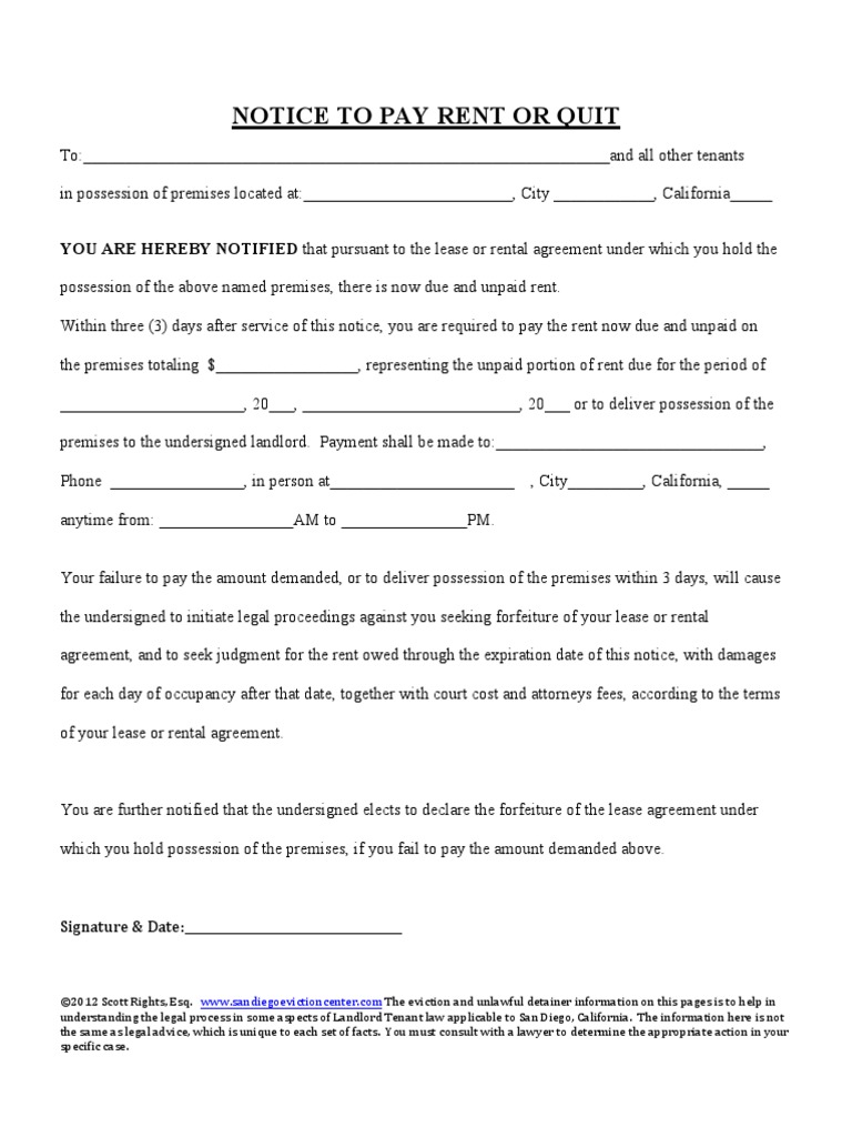 3 Day Notice Pay Rent or Quit California San Diego Eviction Center