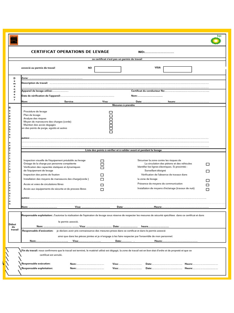 Certificat d'Opération de Levage | PDF