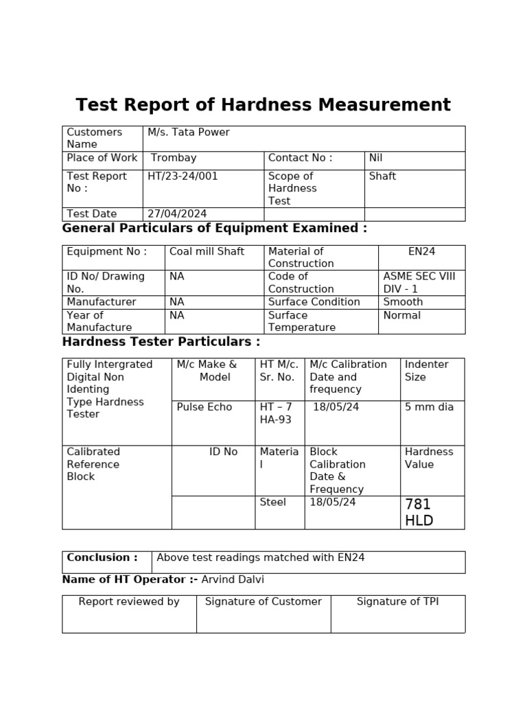HRD Hardness Test Report for EN24 Shaft | PDF