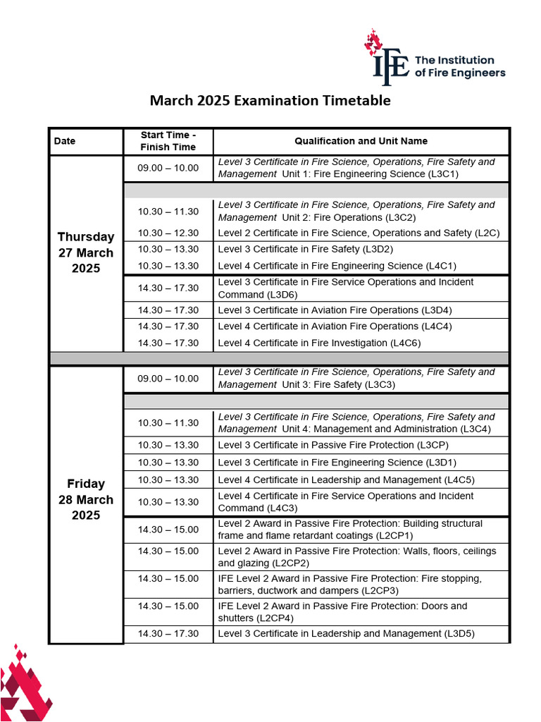 Exam 3 March 2025 Examination Timetable | PDF | Fires | Fire Protection