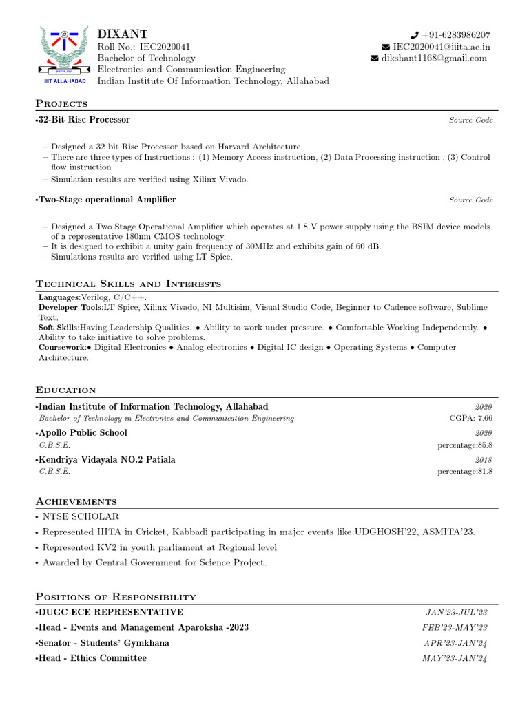 Dixant's Engineering Portfolio Summary | PDF | Electronics | Electronic ...