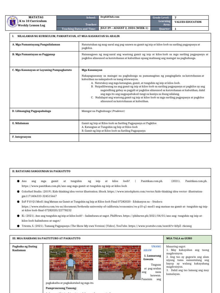 DLL Matatag - Values Education 7 Q1 W1 | PDF