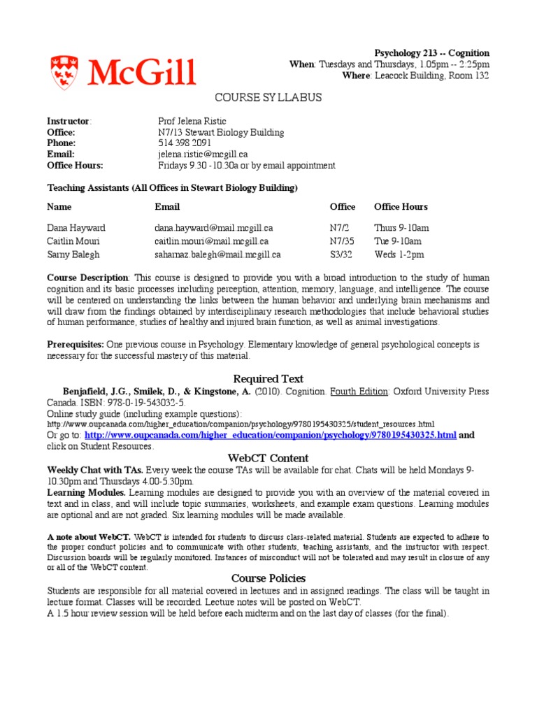 Winter 2012 - Psyc 213 - Cognition Syllabus | PDF | Lecture | Syllabus