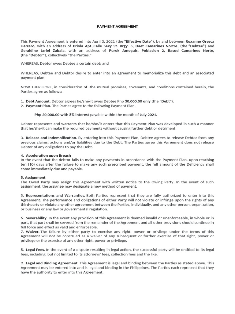 Payment Agreement PDF Assignment (Law) Justice