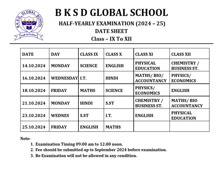 Exam Schedule for Classes IX-XII | PDF