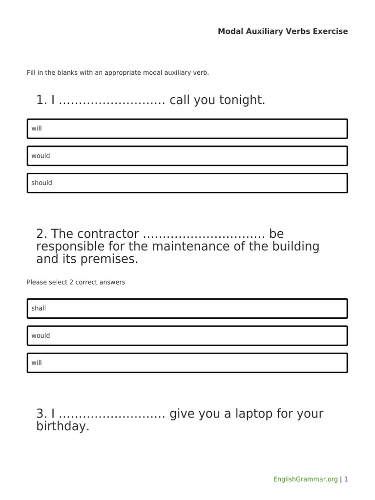 Modal Auxiliary Verbs Exercise | PDF