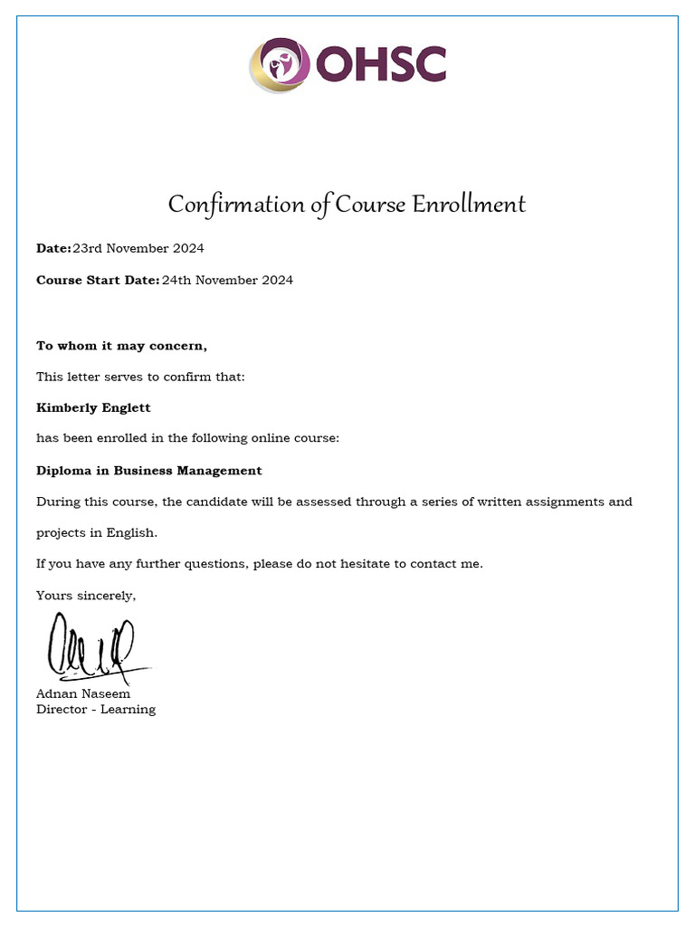 Confirmation of Course Enrollment: Date: 23rd November 2024 Course ...