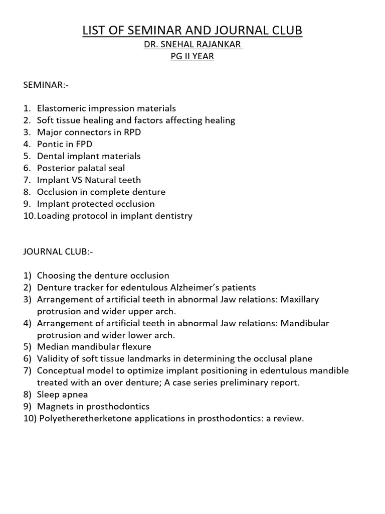 Seminar and Journal Club Topics in Dentistry | PDF