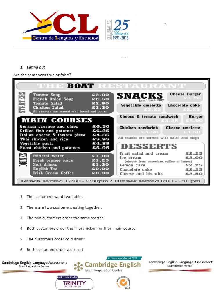 KET Listening Exercise: Eating Out | PDF | Foods | Cuisine