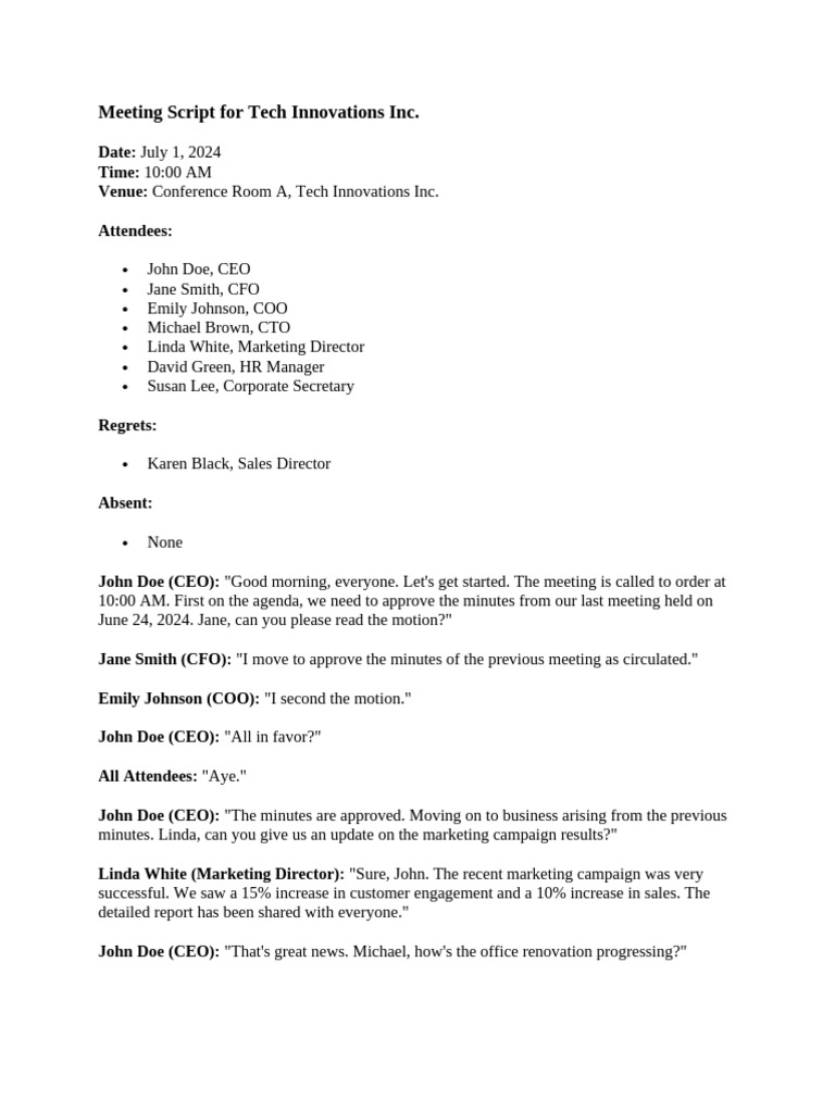 Meeting Script For Tech Innovations Inc | PDF | Corporate Social ...