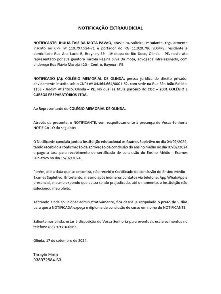 Notificação Extrajudicial: Certificado Ensino Médio | PDF
