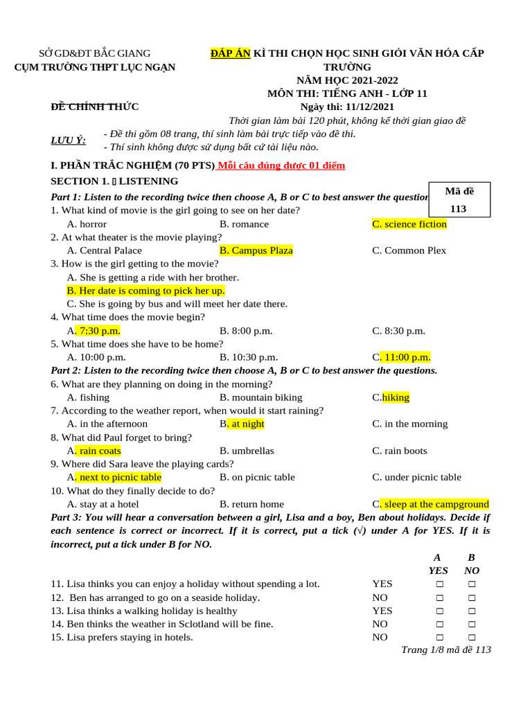 Đề Thi Tiếng Anh Lớp 11 - Mã Đề 113 | PDF | Lion | Language Development