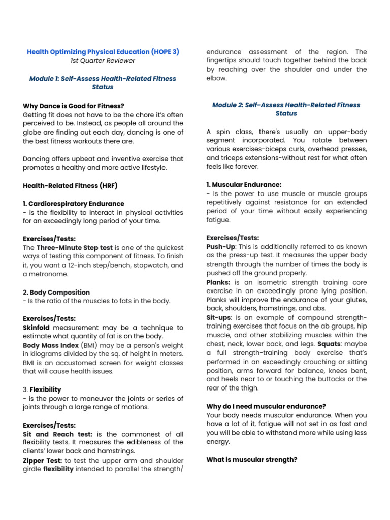 HOPE 3 1st Quarter Reviewer | PDF | Physical Fitness | Strength Training
