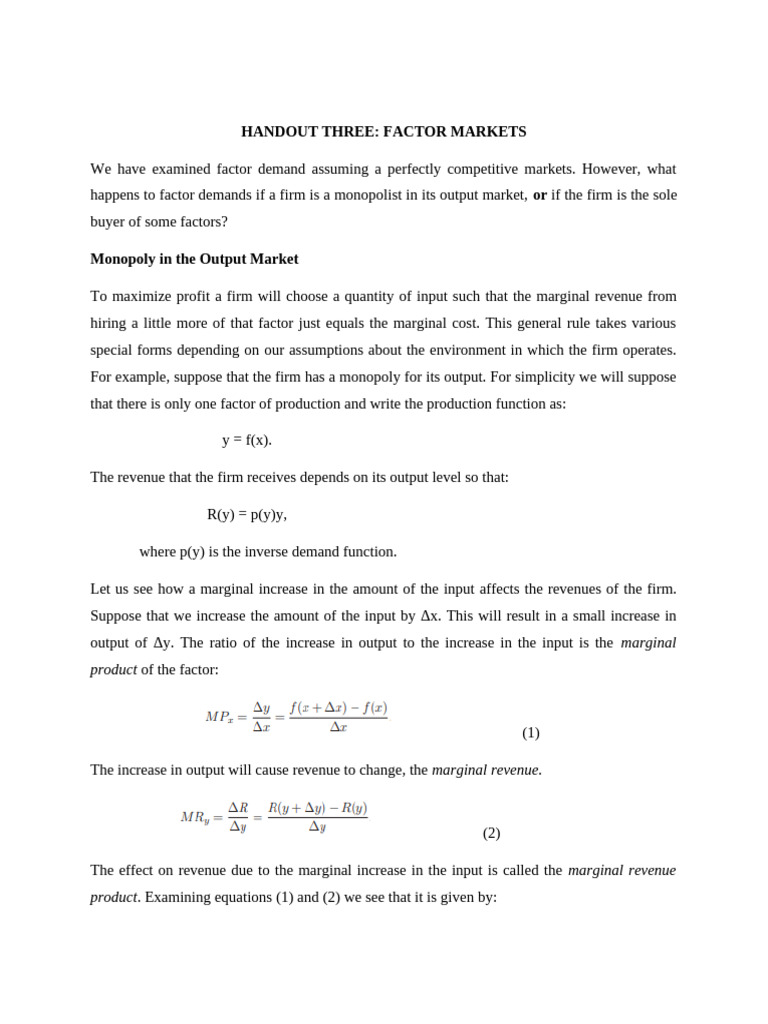 Handout 3 Factor Markets | PDF | Monopoly | Demand